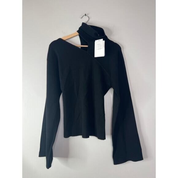 NWT A.L.C. Edith Rib Knit Turtleneck Pullover Cutout Shoulder Black Sweater - Picture 2 of 8